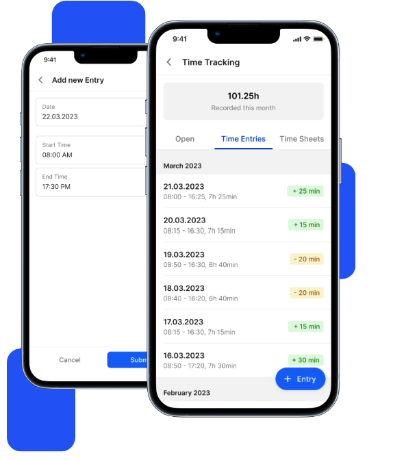 Mobile UI for time tracking with Add new Entry and Time Tracking screens, Employee App, HR-Software.