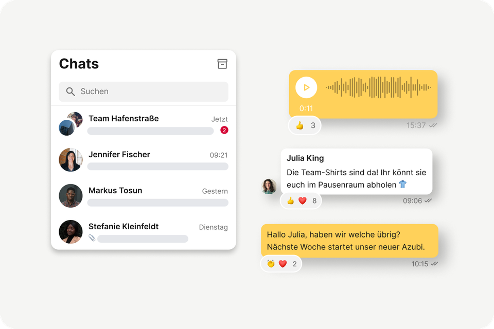 Mitarbeiterplattform Chat-UI mit Flip Flows, Mitarbeiter App, Employee Engagement, HR-Portal, Intranet.