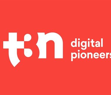 White t3n digital pioneers logo on a red background, simple and modern design.