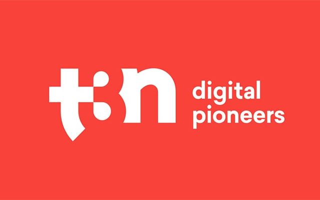 White t3n digital pioneers logo on a red background, simple and modern design.