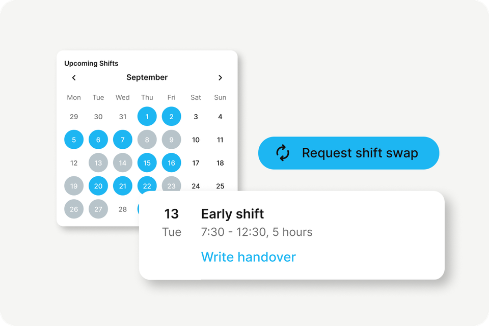 Shiftplanning UI with calendar, Request shift swap button; Employee App, HR-Software, Employee Experience Platform.