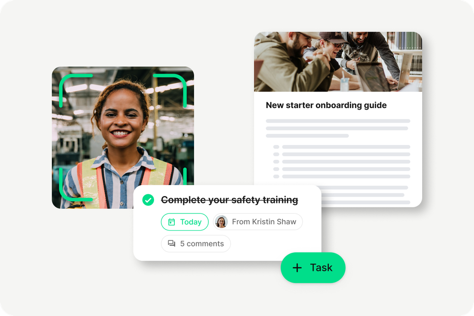 B2B-SaaS Employee Experience Platform UI: onboarding, HR-Portal, Employee App, task management.