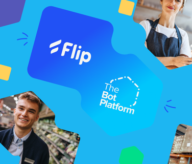 Flip, The Bot Platform logos; smiling frontline workers; Employee Experience Platform, Mitarbeiter App.