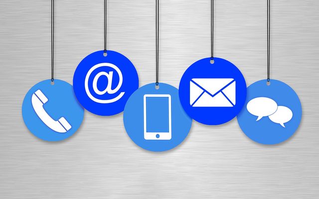 Blue icons for phone, email, chat, and mobile, symbolizing internal communication tools.