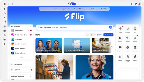 Flips B2B-SaaS dashboard for employee communication and operations.