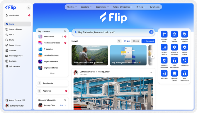 Flip platform interface empowering employees with comms, HR, and Ops features.