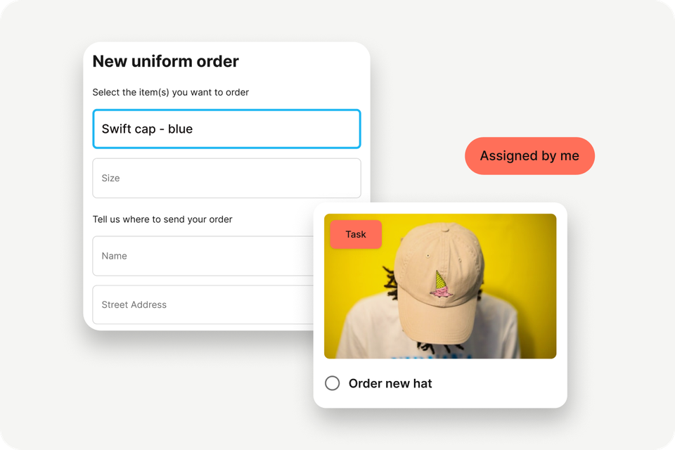 B2B-SaaS UI for uniform orders; empowers frontline via Employee App, HR-Portal, Task, Assigned by me.