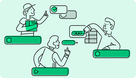 Illustration of frontline employees using Flip Flows, Mitarbeiter App, HR-Portal, Employee Experience Platform.