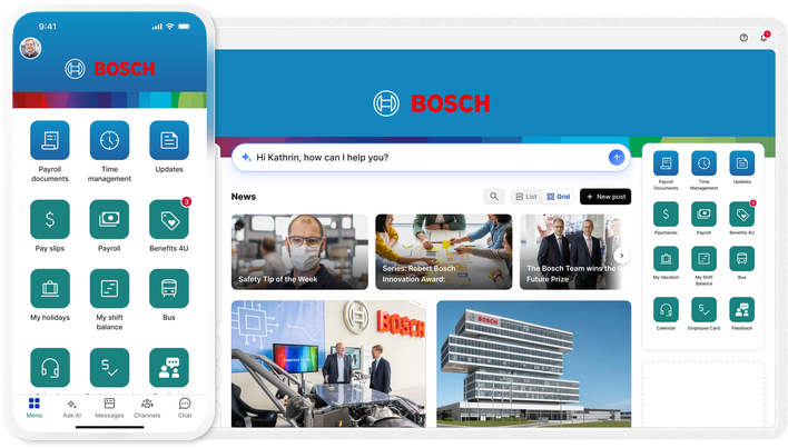 Bosch employee platform screenshot showing payroll, time management, and more.
