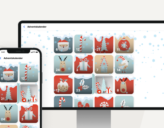 Adventskalender mit festlichen Symbolen auf Smartphone und Desktop, Schneeflocken im Hintergrund.