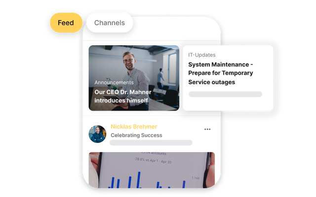 Employee Experience Platform UI: Feed with CEO intro, IT-Updates, HR-Portal, Employee App, Intranet.
