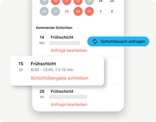 Kalenderansicht einer Mitarbeiterplattform mit Schichtplanung, Schichttausch, HR-Portal, Mitarbeiter App.
