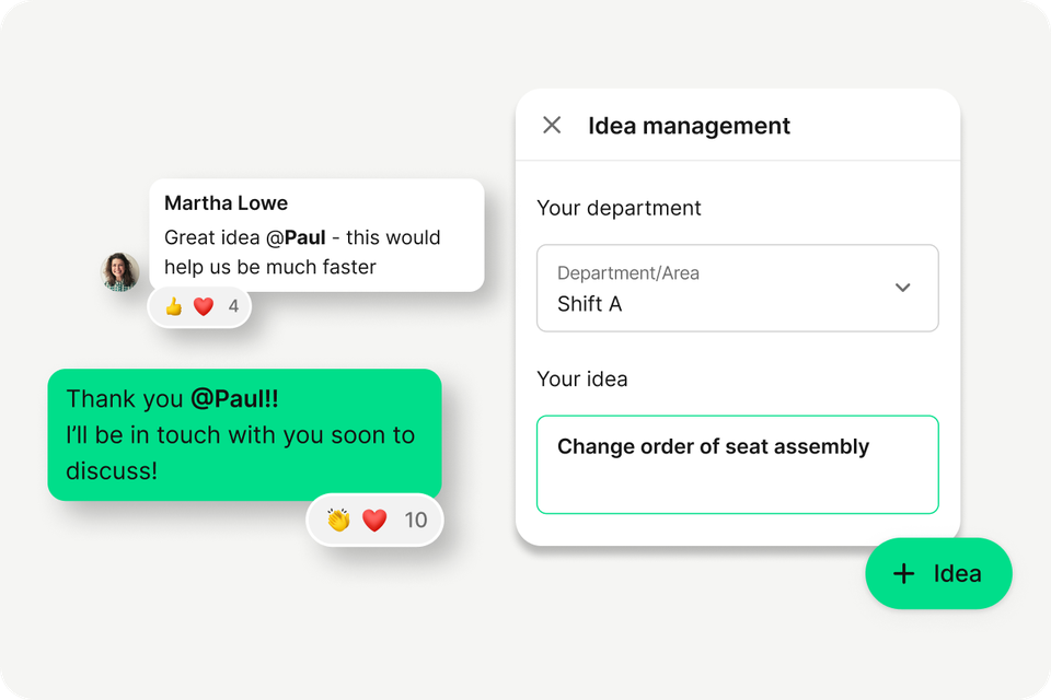 B2B-SaaS Employee Experience Platform UI with idea management, comms, HR-Portal, Flip Flows.