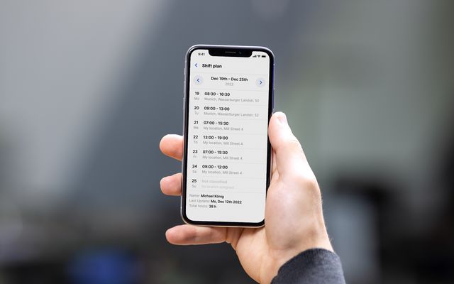 Mobile device displays shift planning app for frontline employees; Shift plan and work hours shown.