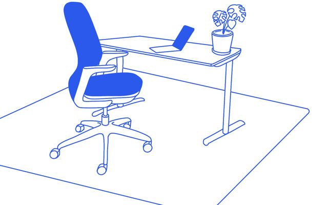 Minimalist illustration of a remote-friendly workspace with office chair, desk, tablet, and plant.
