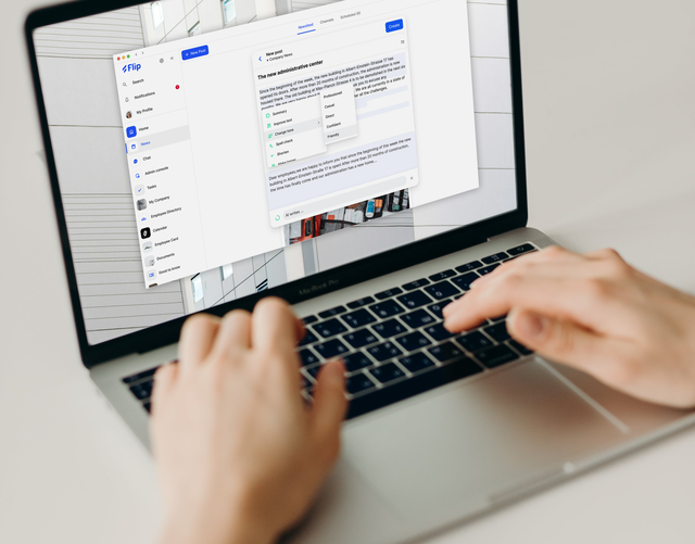 Flip Mitarbeiterplattform UI on laptop, empowering frontline via Employee App, HR-Portal, Intranet.