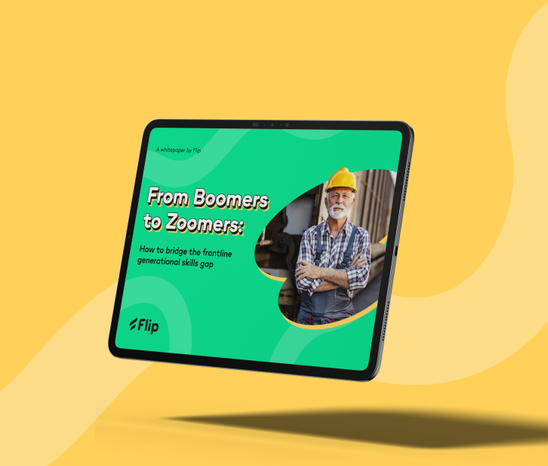 Tablet showing Flip whitepaper From Boomers to Zoomers: How to bridge the frontline generational skills gap.
