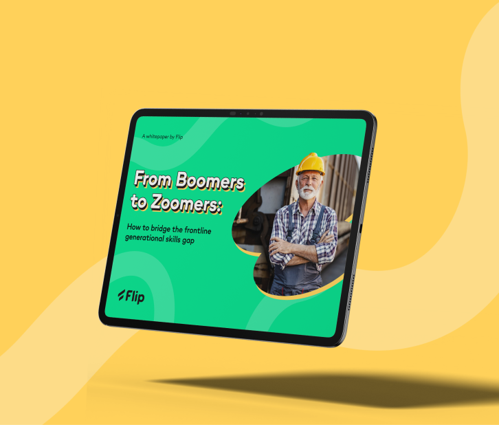Tablet showing Flip whitepaper From Boomers to Zoomers: How to bridge the frontline generational skills gap.