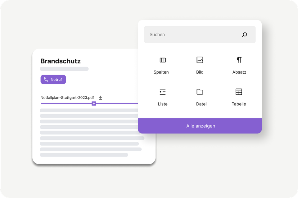 UI der Mitarbeiterplattform mit Brandschutz-Notruf, Datei-Download, HR-Portal, Employee App.