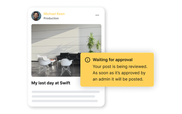 Employee Experience Platform UI: My last day at Swift post, Waiting for approval notification shown.