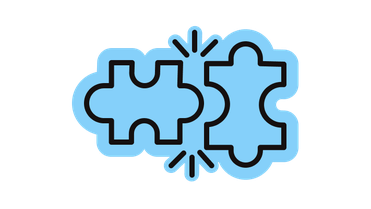 Two blue puzzle pieces connecting, symbolizing integration and collaboration.