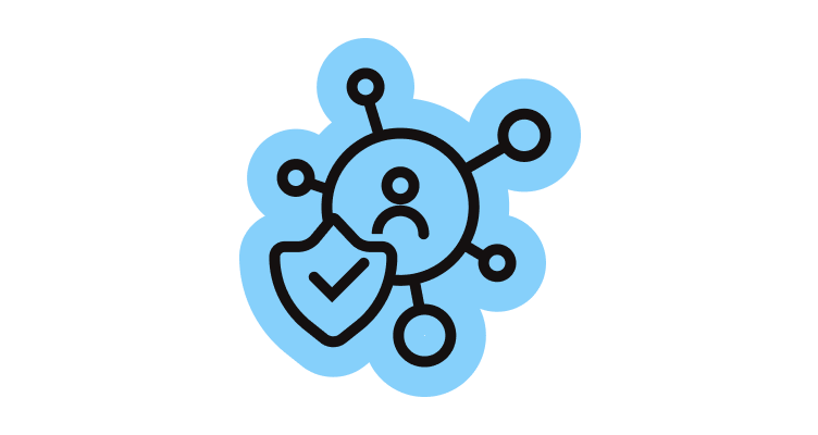 Blue icon of a networked sad face with a shield and checkmark, symbolizing verified truth.