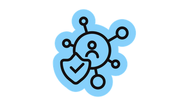 Blue icon of a networked sad face with a shield and checkmark; decorative illustration.