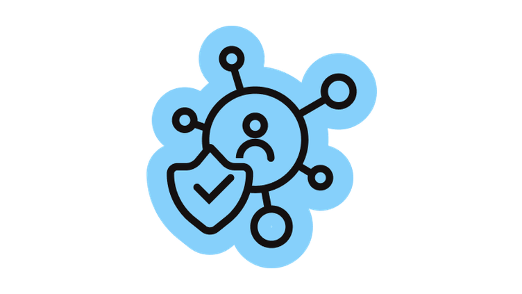 Blue icon of a networked sad face with a shield and checkmark; decorative illustration.