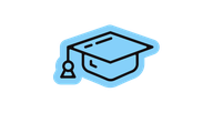 Blue graduation cap icon, simple outline, no text, symbolizing expertise or learning.