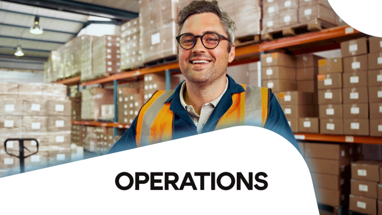 Smiling warehouse worker in safety vest; OPERATIONS text; supports frontline productivity.