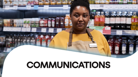 Frontline employee in store; COMMUNICATIONS text; empowering with Employee App, HR-Portal.