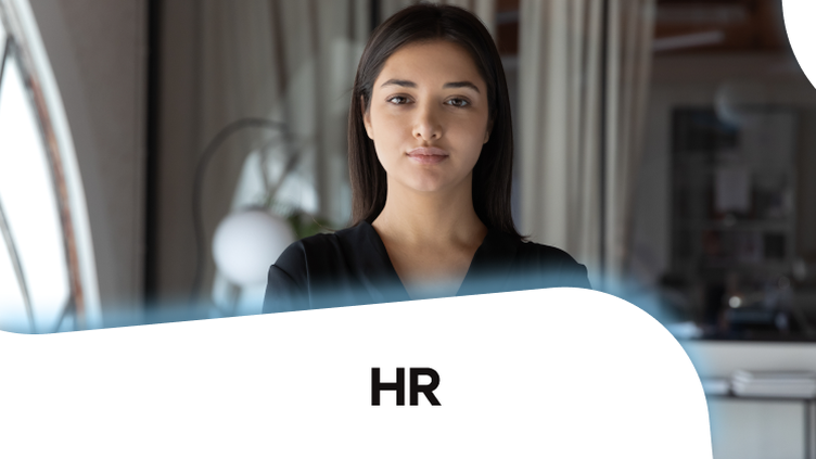 Woman in office, HR text; Employee Experience Platform, HR-Software, Mitarbeiterplattform.