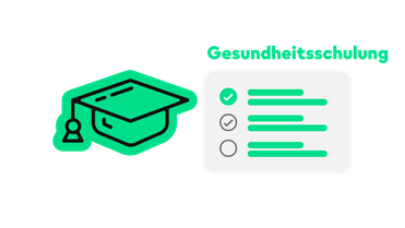 Icon eines Abschluss-Huts, Checkliste und Text Gesundheitsschulung, Flip Flows, Mitarbeiterplattform.