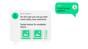 Chat UI of Employee App streamlines staff orders; Flip Flows, Employee Experience Platform shown.