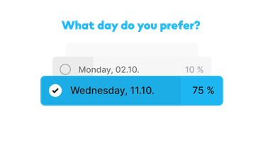 Poll UI from Employee Experience Platform shows: What day do you prefer? Monday, 02.10. 10%, Wednesday, 11.10. 75%.