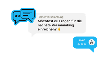 Chat-UI der Mitarbeiterplattform mit Flip Flows: „Möchtest du Fragen für die nächste Versammlung einreichen?“