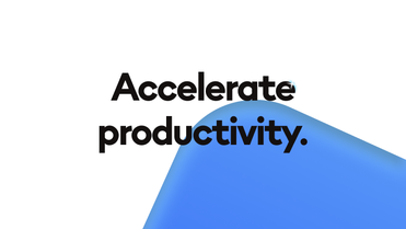 Text Accelerate productivity. on a white background with a blue abstract shape, no UI or keywords shown.