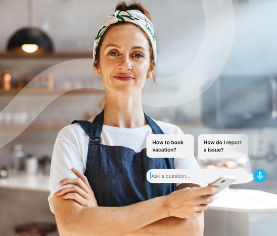 Frontline employee uses Employee App with Flip Flows, Agentic AI for HR, comms, and Ops support.