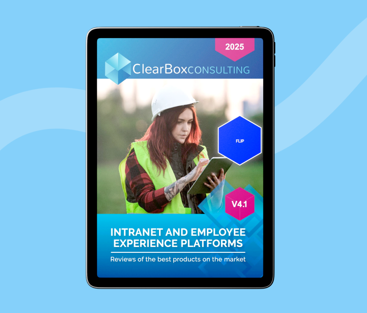 Tablet showing INTRANET AND EMPLOYEE EXPERIENCE PLATFORMS with FLIP, HR-Portal, Employee App.