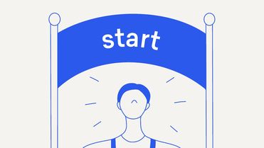 Minimalist illustration of a person at a blue start banner, symbolizing new beginnings.