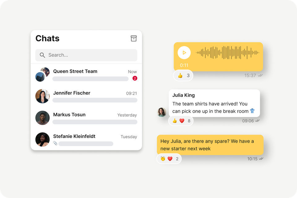 B2B-SaaS Mitarbeiter App chat UI for frontline comms, Employee Experience Platform, HR-Portal, Intranet.