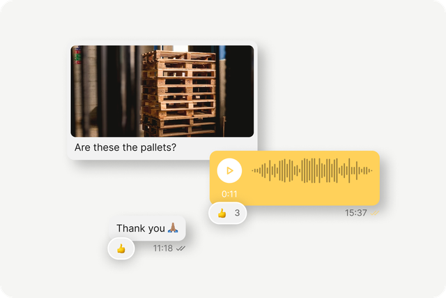 Chat UI with image, voice message, and text: Are these the pallets?, Thank you 🙏🏻. Flip Flows, Mitarbeiter App.