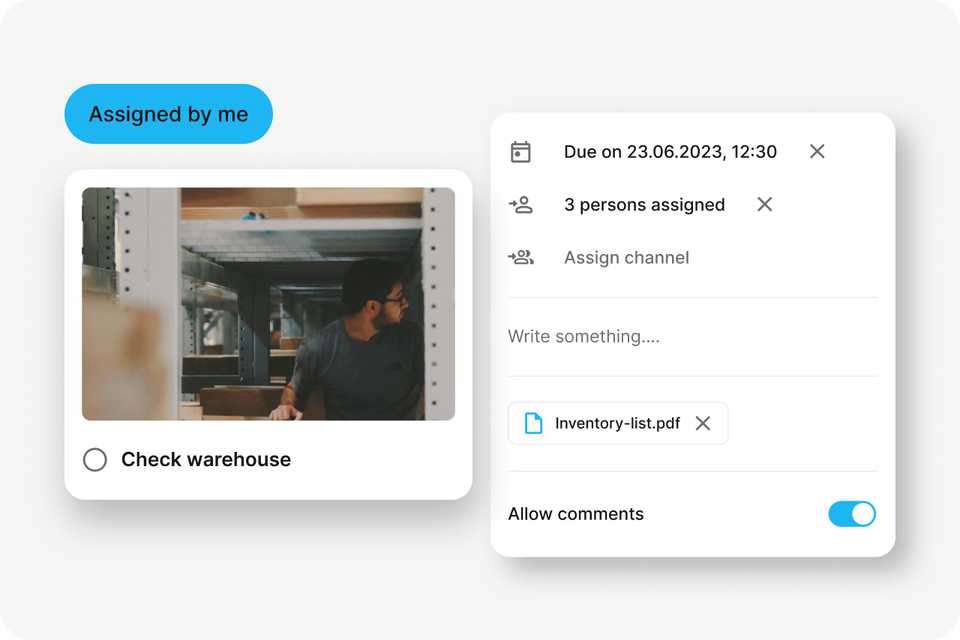 Task management UI for frontline with Check warehouse, HR-Portal, Employee App, Flip Flows, PDF upload.