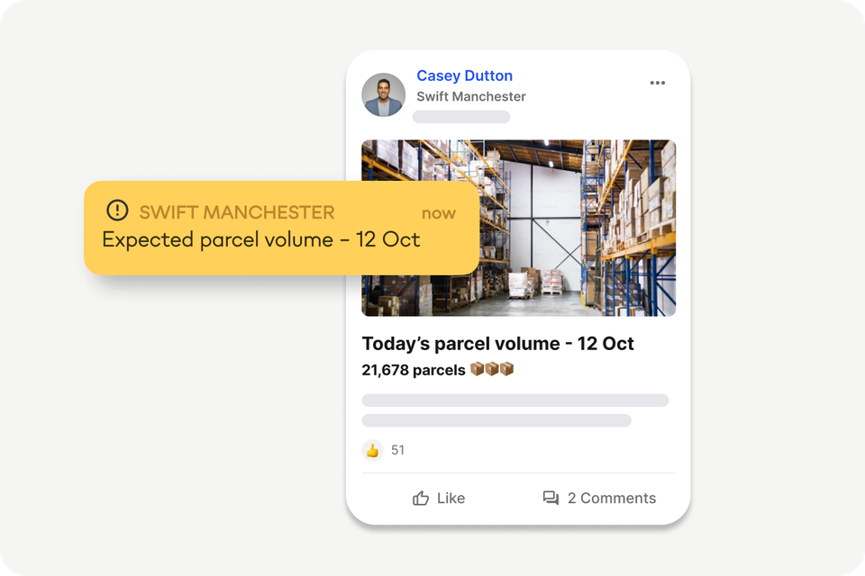 B2B-SaaS Employee App UI shows parcel volume update, empowering frontline via HR-Portal, Intranet.