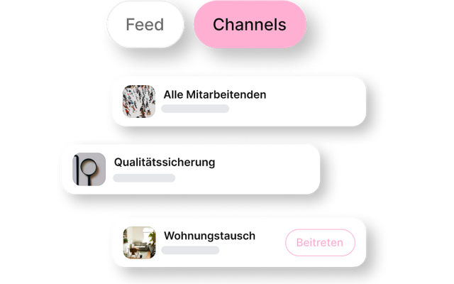 UI-Ausschnitt einer Mitarbeiterplattform mit Channels: Alle Mitarbeitenden, Qualitätssicherung, Wohnungstausch.