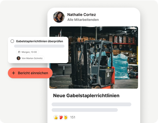 Mitarbeiterplattform UI zeigt Gabelstaplerrichtlinien, Bericht einreichen, Employee Experience Platform.