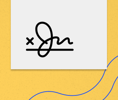Hand-drawn signature with x on a white card, yellow background with blue curved lines.