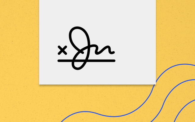Hand-drawn signature with x on a white card, yellow background with blue curved lines.