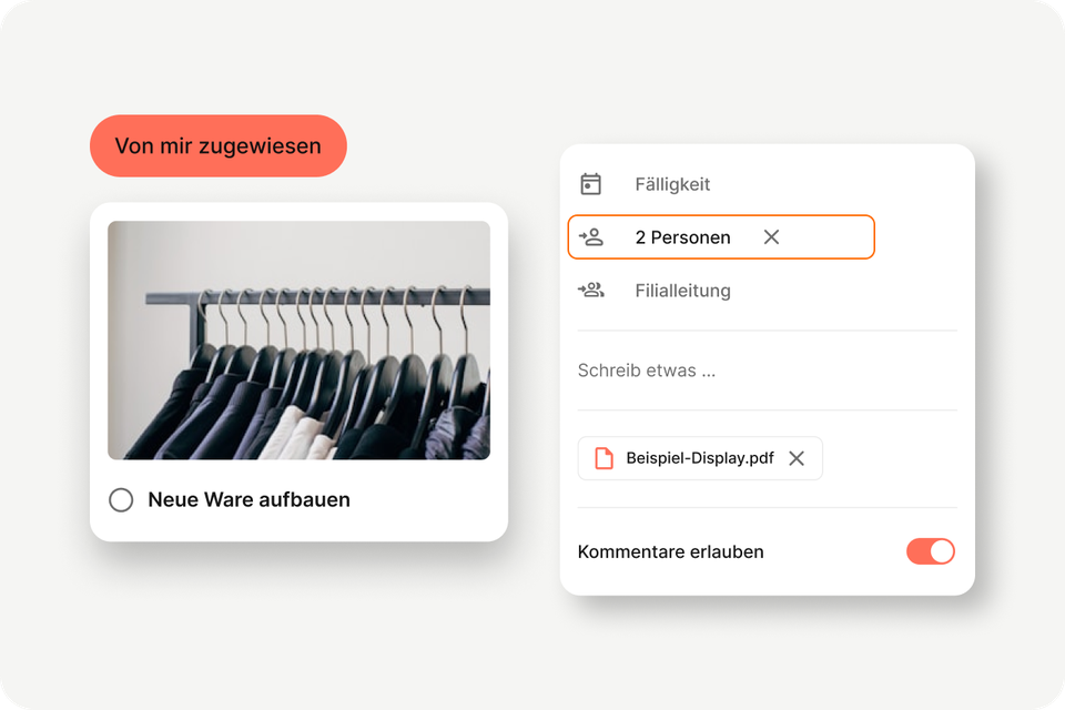B2B-SaaS Mitarbeiterplattform UI: Von mir zugewiesen, Neue Ware aufbauen, HR-Portal, Employee App.