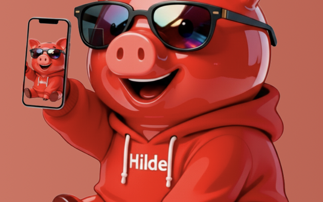 Cartoon pig with sunglasses holding a phone, wearing a Hilde hoodie.